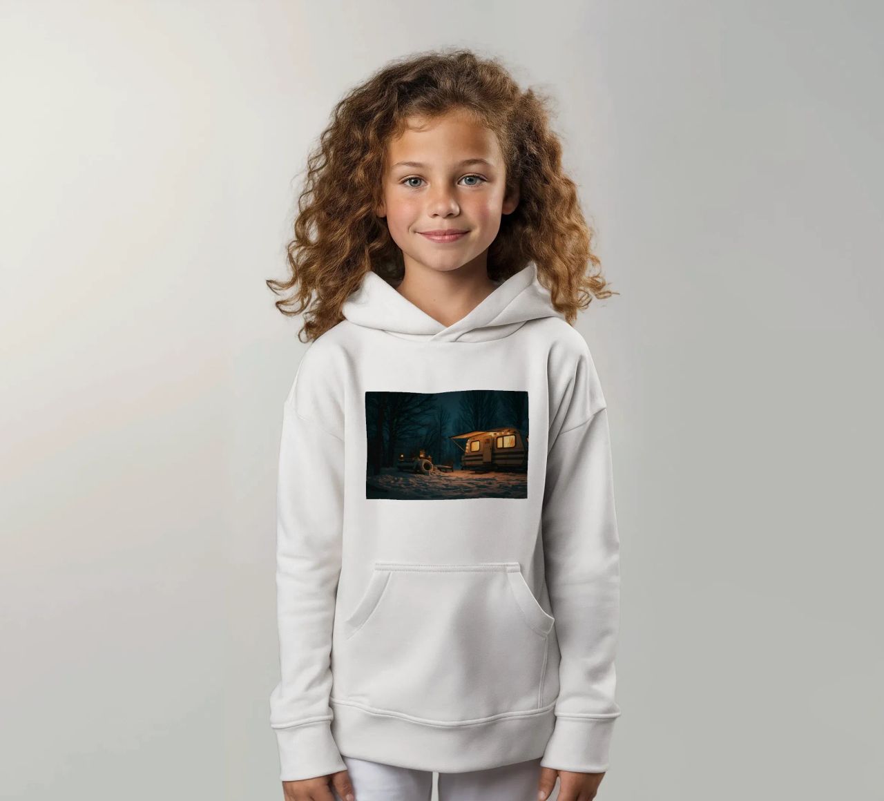 Accogliente notte d'inverno in un camper nei boschi innevati, con un caldo felpa bambino con cappuccio da DesignDoodle