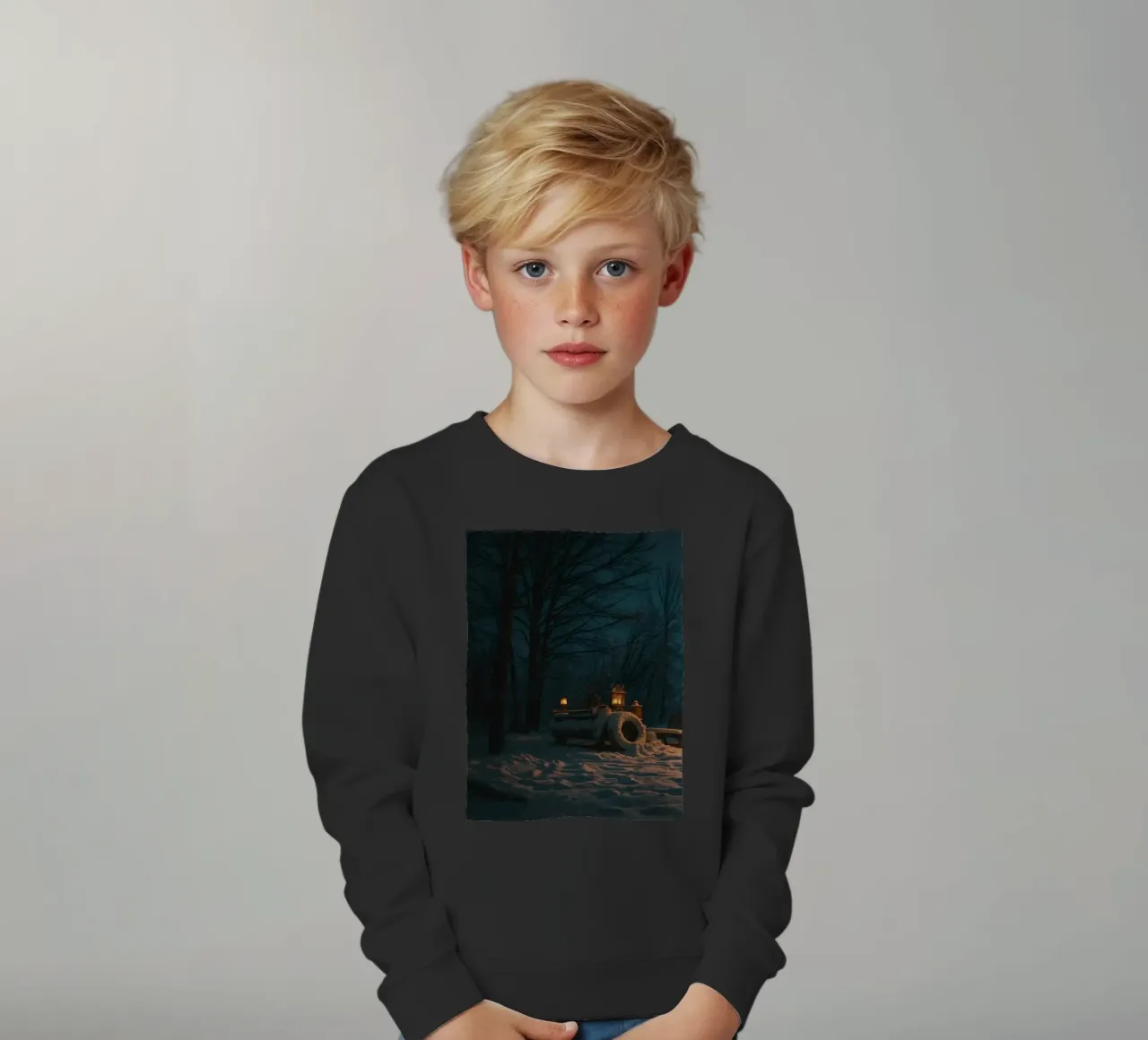 Accogliente notte d'inverno in un camper nei boschi innevati, con un caldo felpa bambino da DesignDoodle