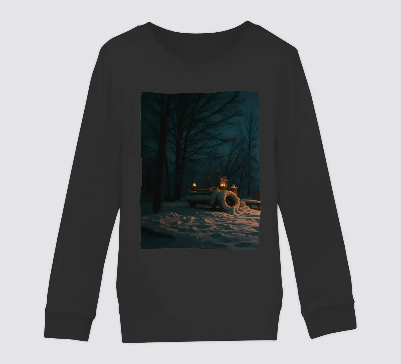 Accogliente notte d'inverno in un camper nei boschi innevati, con un caldo felpa bambino da DesignDoodle