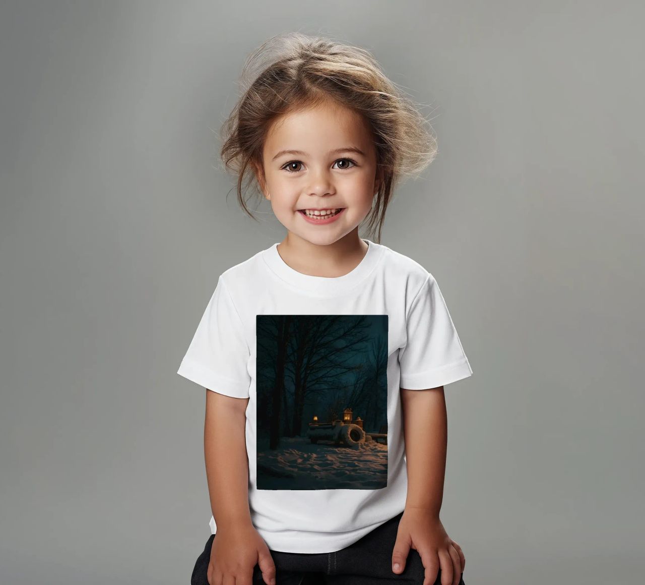 Accogliente notte d'inverno in un camper nei boschi innevati, con un caldo t-shirt bambini da DesignDoodle