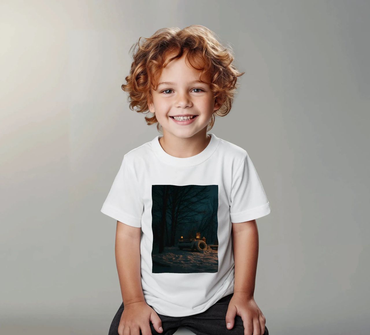 Accogliente notte d'inverno in un camper nei boschi innevati, con un caldo t-shirt bambini da DesignDoodle