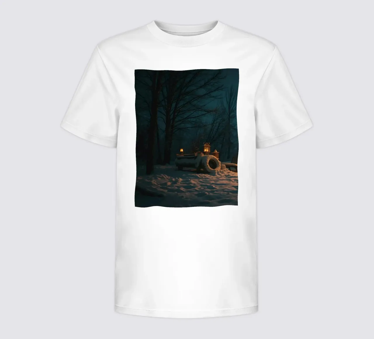Accogliente notte d'inverno in un camper nei boschi innevati, con un caldo t-shirt bambini da DesignDoodle