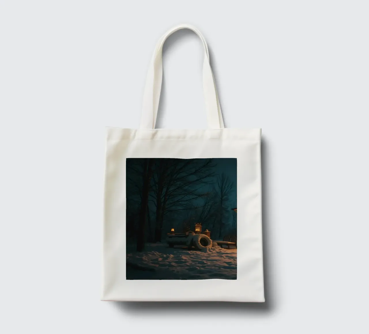 Accogliente notte d'inverno in un camper nei boschi innevati, con un caldo borsa in juta da DesignDoodle