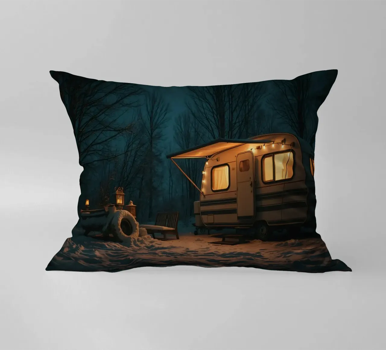 Nuit d'hiver douillette dans un camping-car dans les bois enneigés avec de la chaleur coussin de DesignDoodle