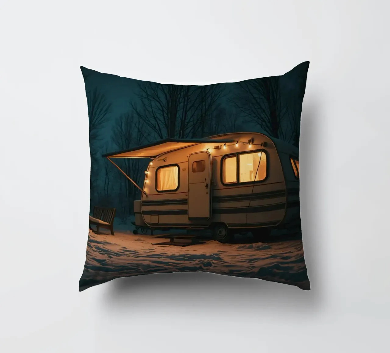 Nuit d'hiver douillette dans un camping-car dans les bois enneigés avec de la chaleur coussin de DesignDoodle