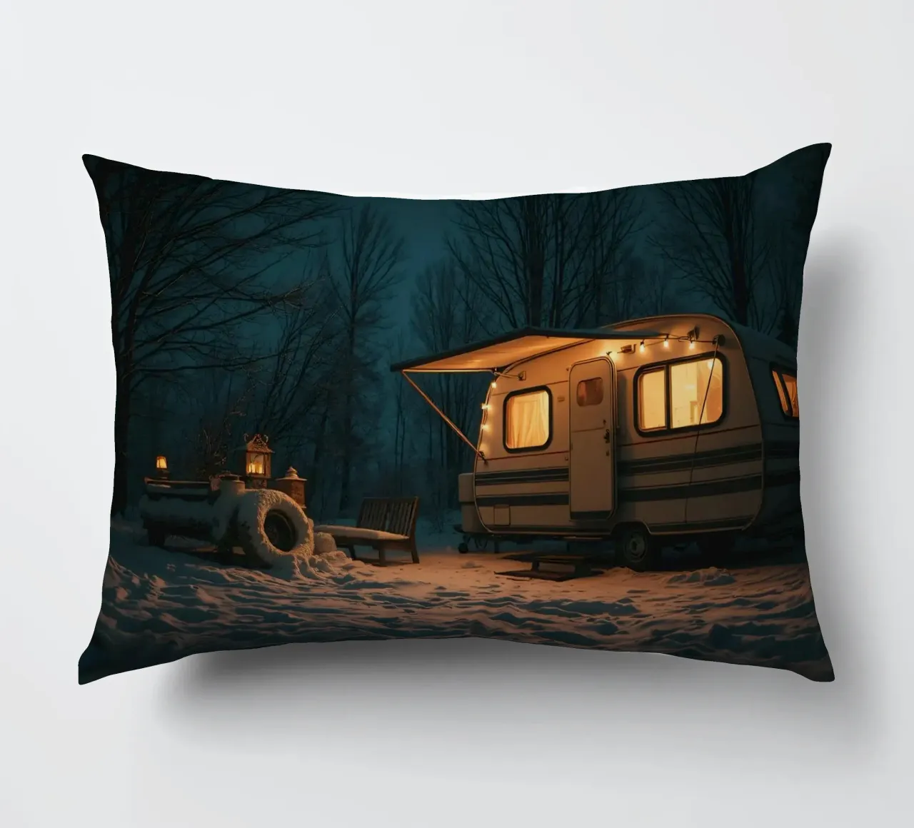 Nuit d'hiver douillette dans un camping-car dans les bois enneigés avec de la chaleur coussin de DesignDoodle