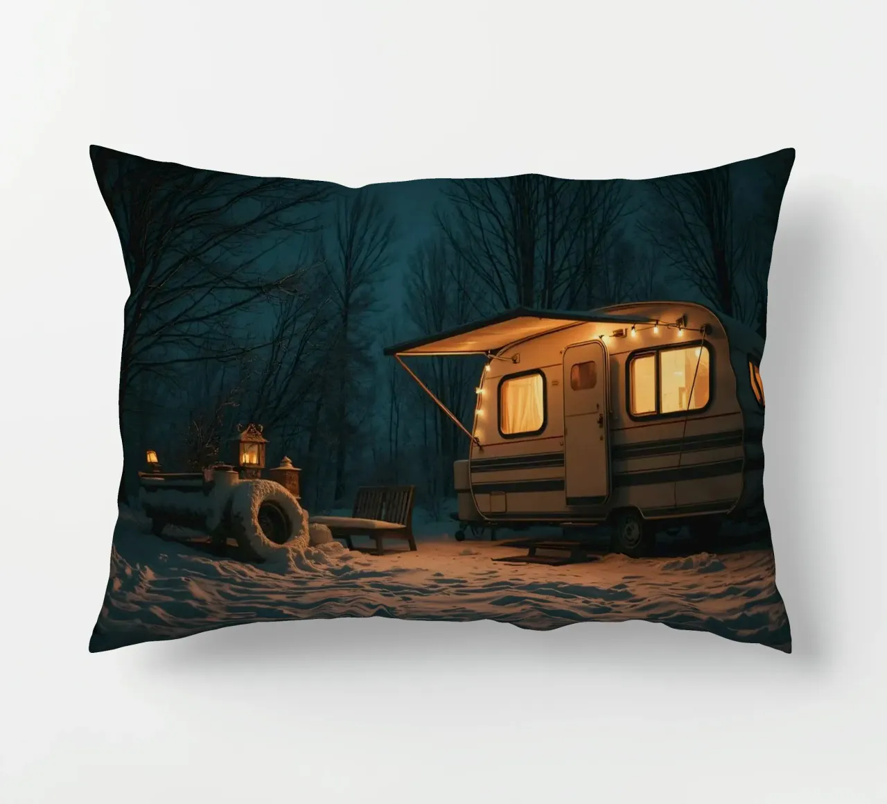 Accogliente notte d'inverno in un camper nei boschi innevati, con un caldo cuscino da DesignDoodle