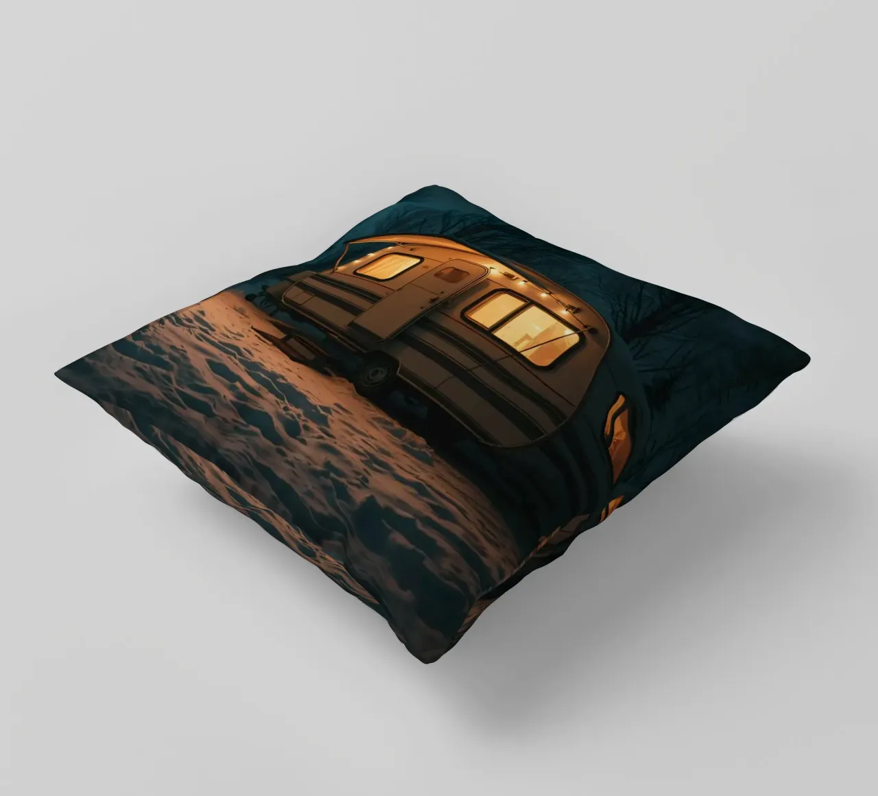 Accogliente notte d'inverno in un camper nei boschi innevati, con un caldo cuscino da DesignDoodle
