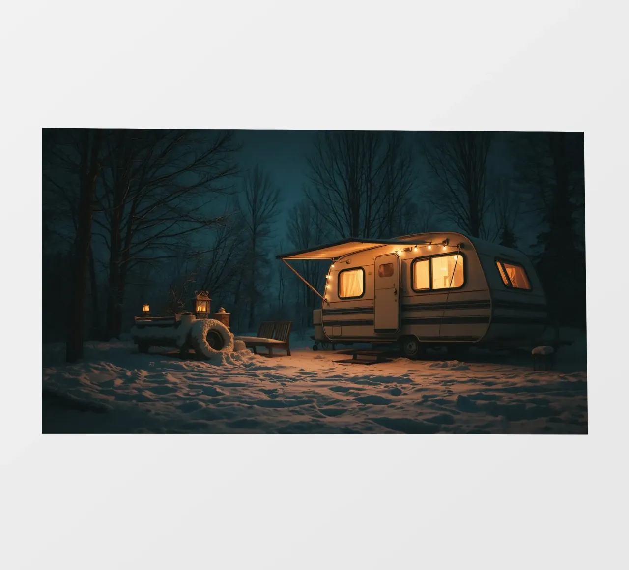 Accogliente notte d'inverno in un camper nei boschi innevati, con un caldo pellicola backlit da DesignDoodle