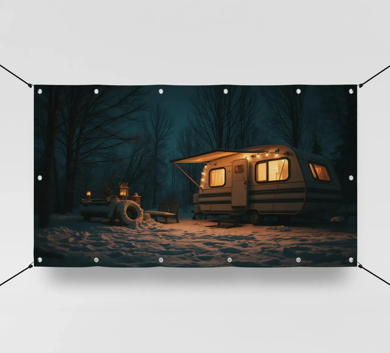 Accogliente notte d'inverno in un camper nei boschi innevati, con un caldo telo in pvc da DesignDoodle
