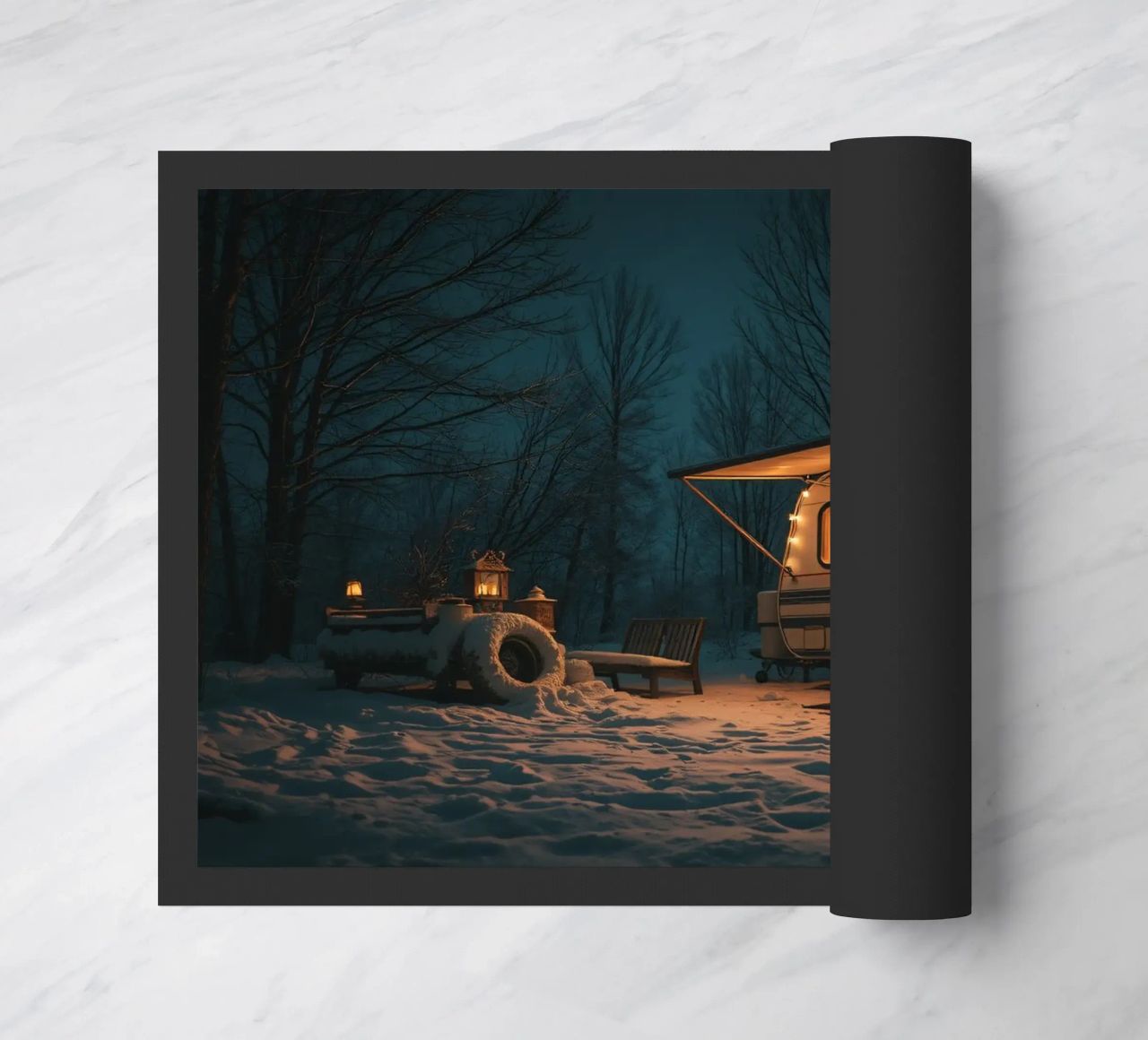 Accogliente notte d'inverno in un camper nei boschi innevati, con un caldo zerbino da DesignDoodle