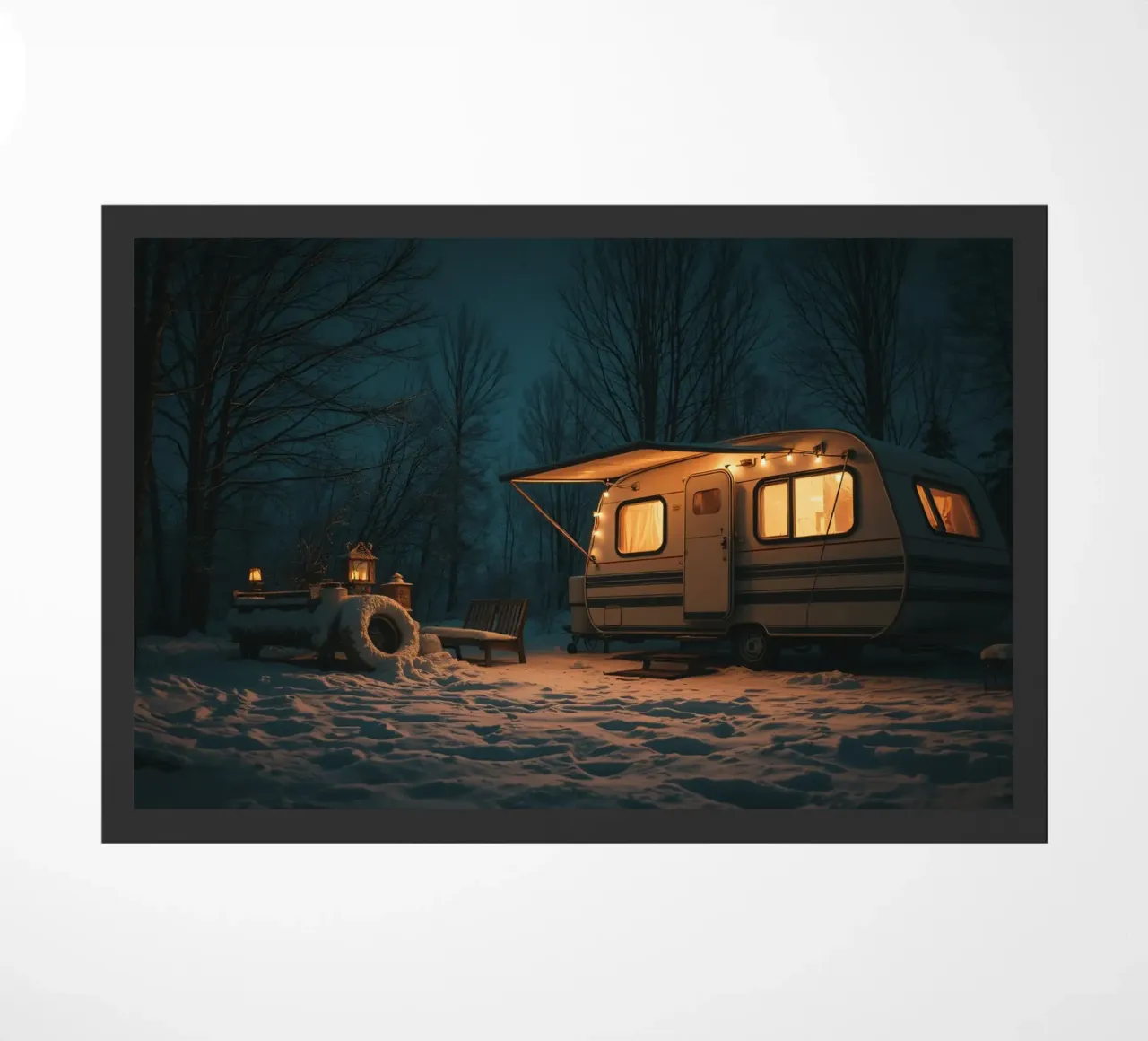 Gezellige winternacht bij een camper in het besneeuwde bos met warme deurmat van DesignDoodle