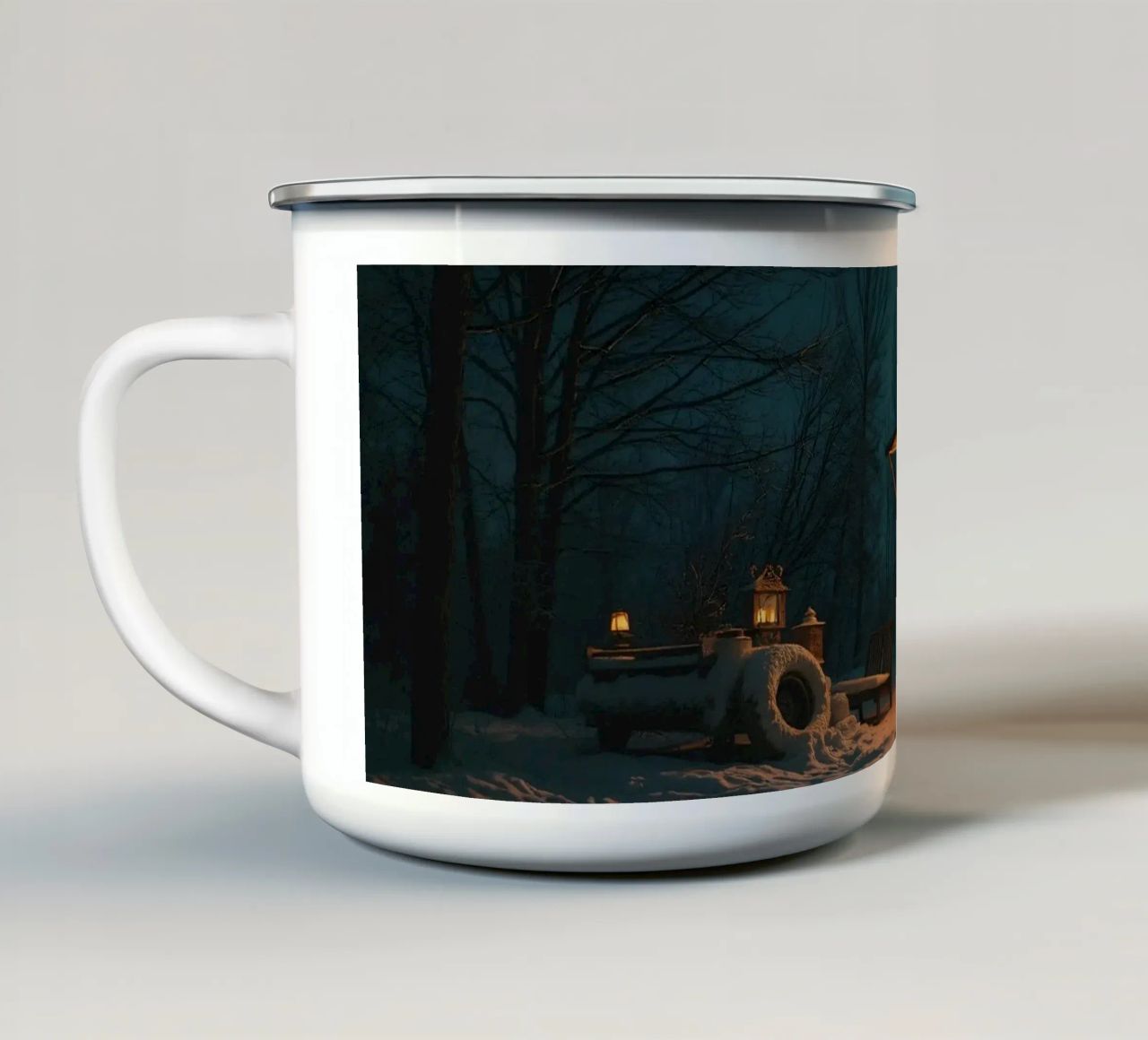 Accogliente notte d'inverno in un camper nei boschi innevati, con un caldo tazza in smalto da DesignDoodle
