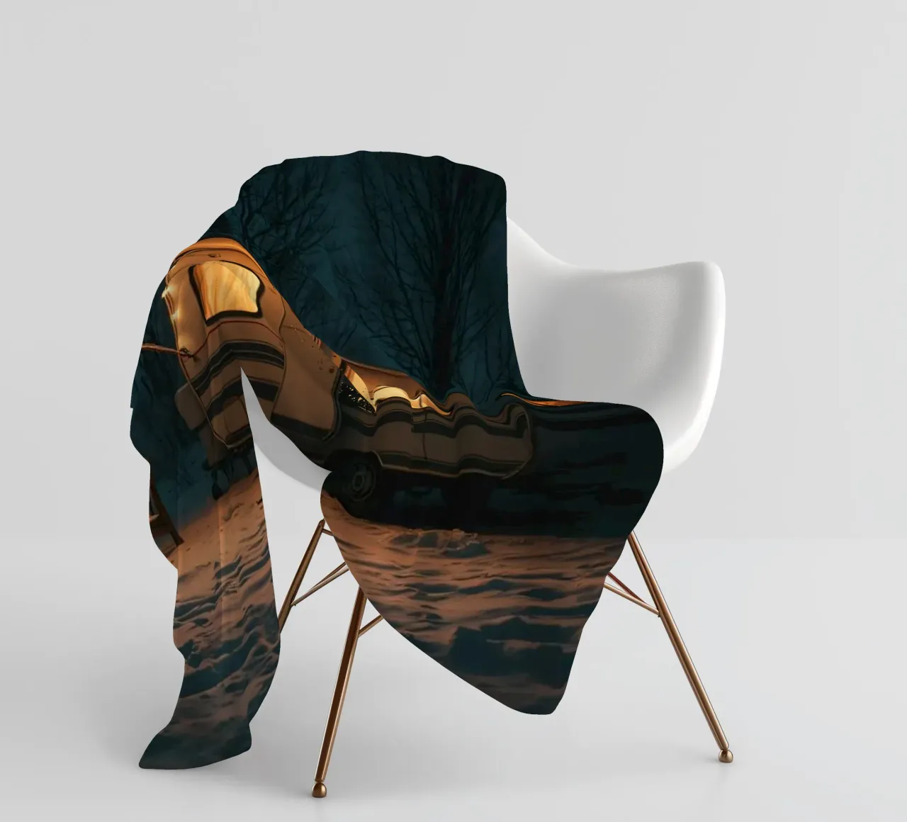 Accogliente notte d'inverno in un camper nei boschi innevati, con un caldo coperta in pile da DesignDoodle