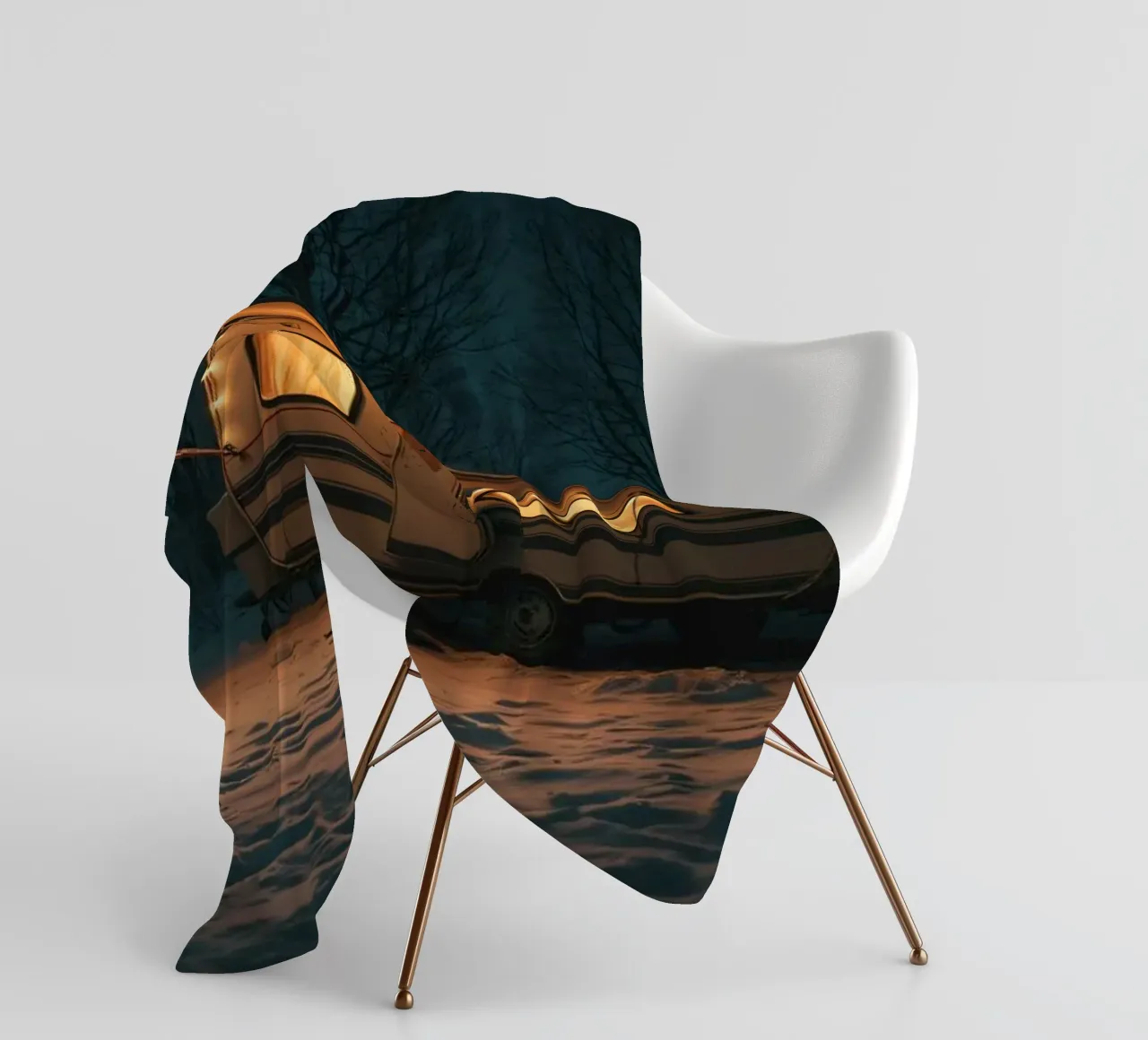 Accogliente notte d'inverno in un camper nei boschi innevati, con un caldo coperta in pile da DesignDoodle