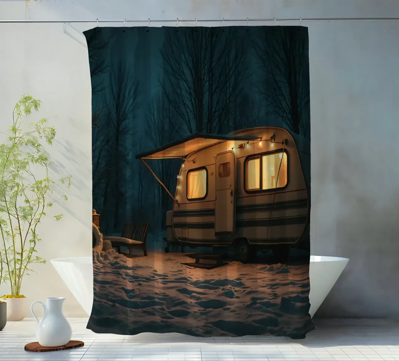 Accogliente notte d'inverno in un camper nei boschi innevati, con un caldo tenda da doccia da DesignDoodle