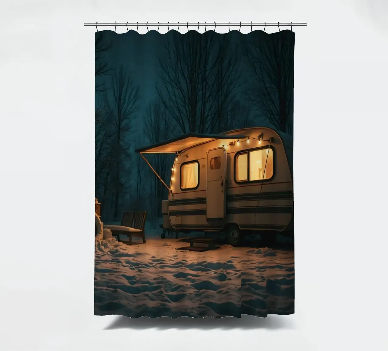 Accogliente notte d'inverno in un camper nei boschi innevati, con un caldo tenda da doccia da DesignDoodle