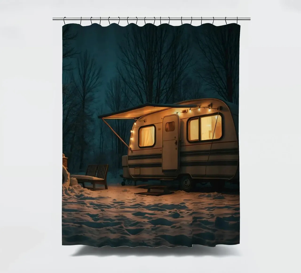 Accogliente notte d'inverno in un camper nei boschi innevati, con un caldo tenda da doccia da DesignDoodle
