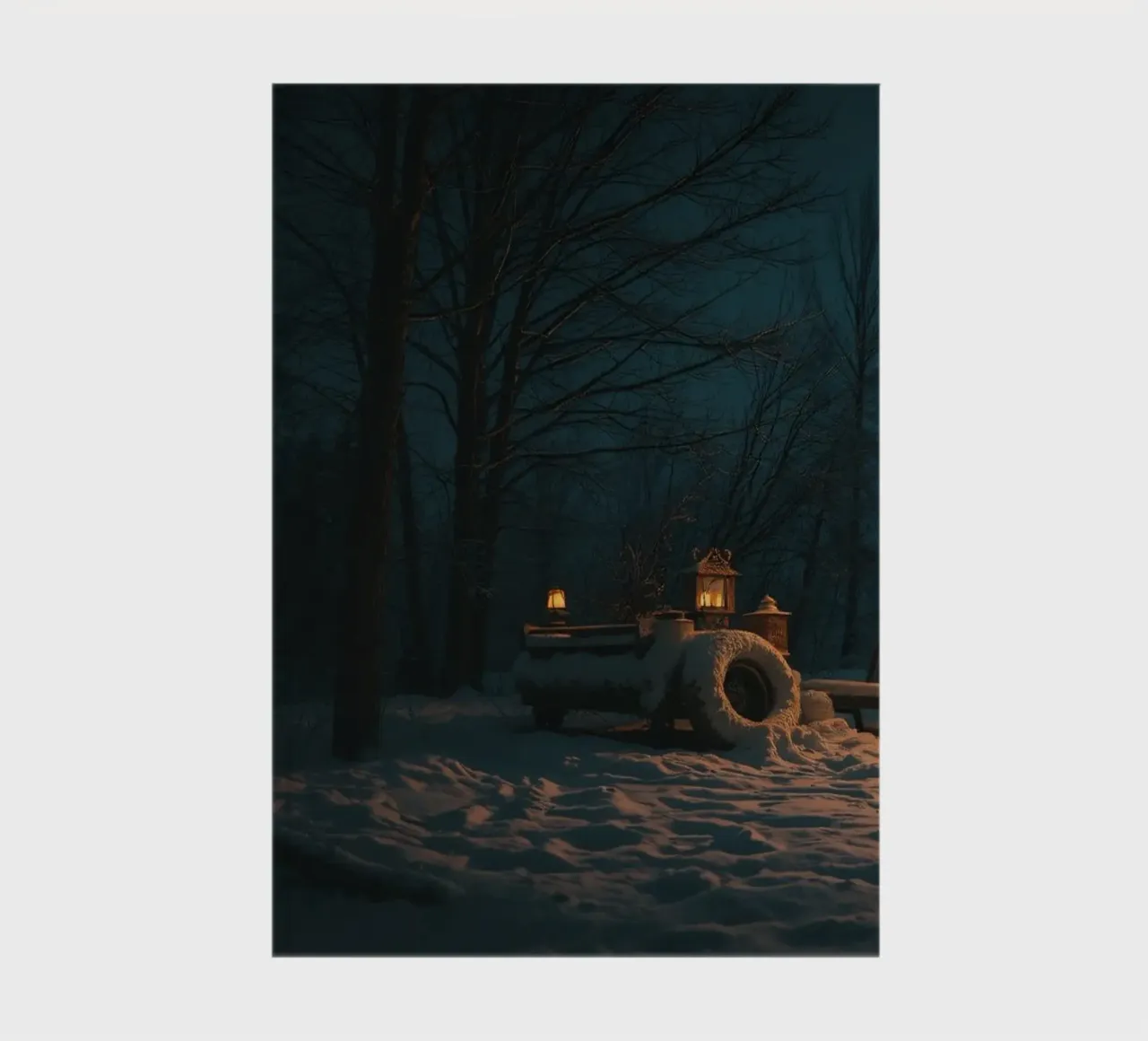 Accogliente notte d'inverno in un camper nei boschi innevati, con un caldo diario da DesignDoodle