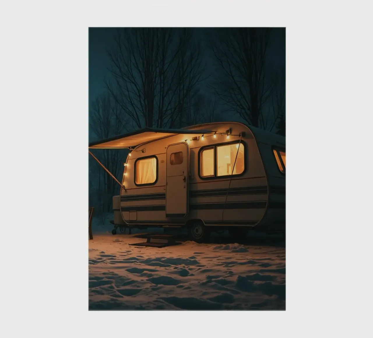 Accogliente notte d'inverno in un camper nei boschi innevati, con un caldo diario da DesignDoodle