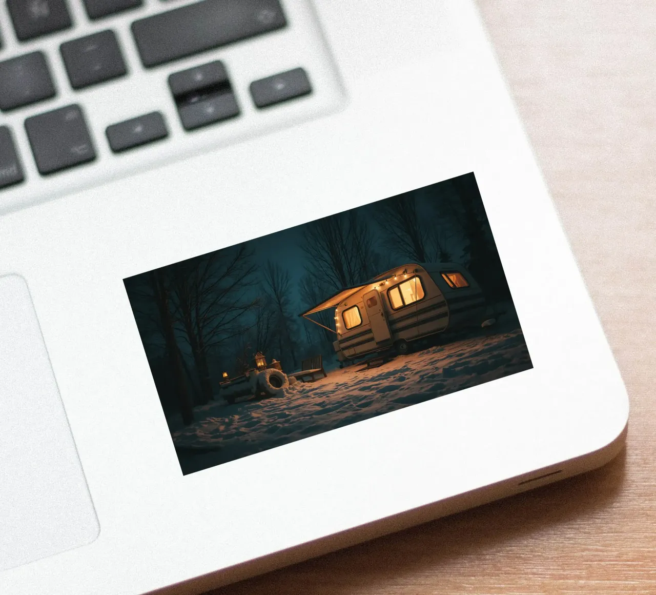 Accogliente notte d'inverno in un camper nei boschi innevati, con un caldo adesivo da DesignDoodle