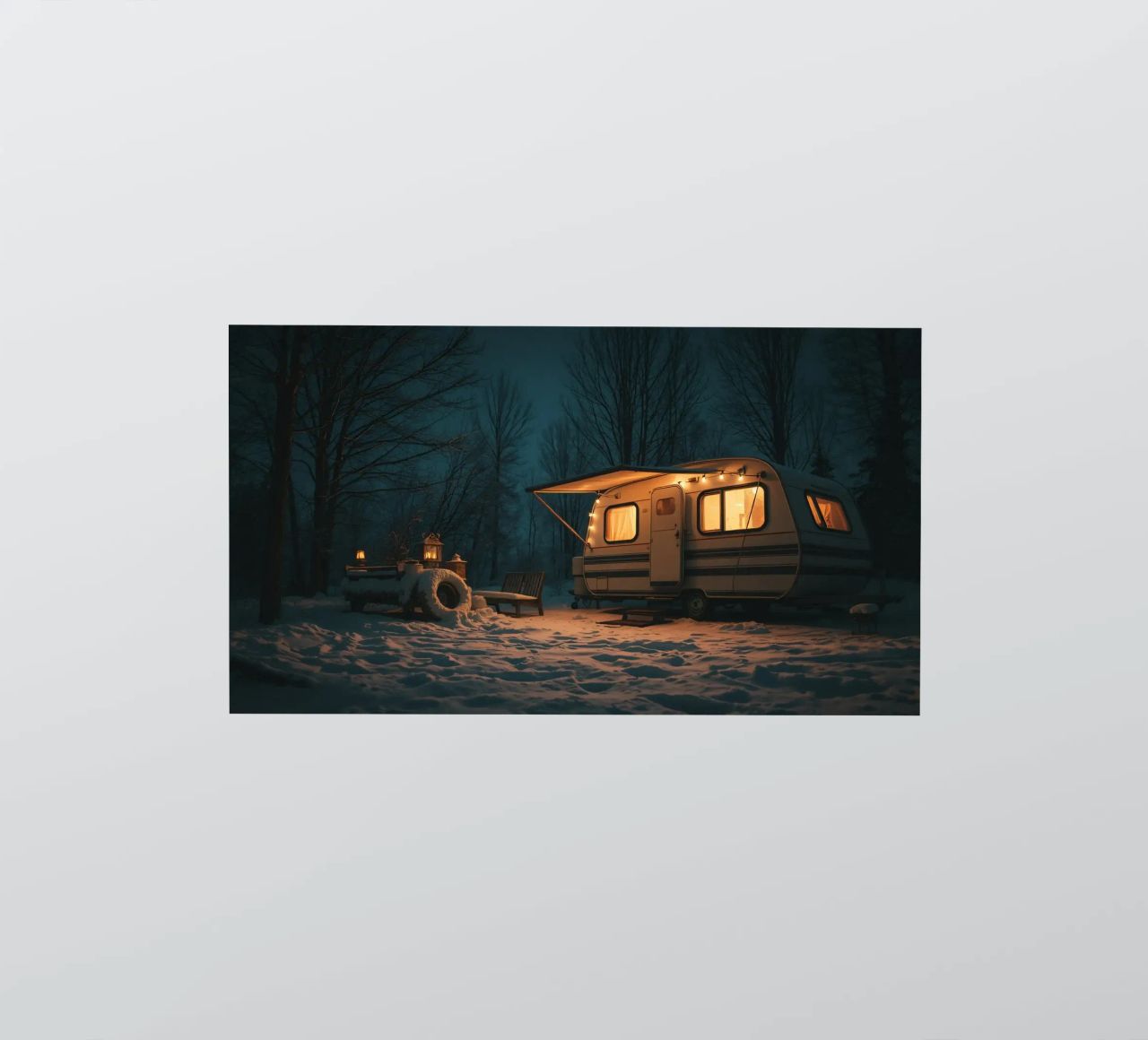Accogliente notte d'inverno in un camper nei boschi innevati, con un caldo adesivo da DesignDoodle