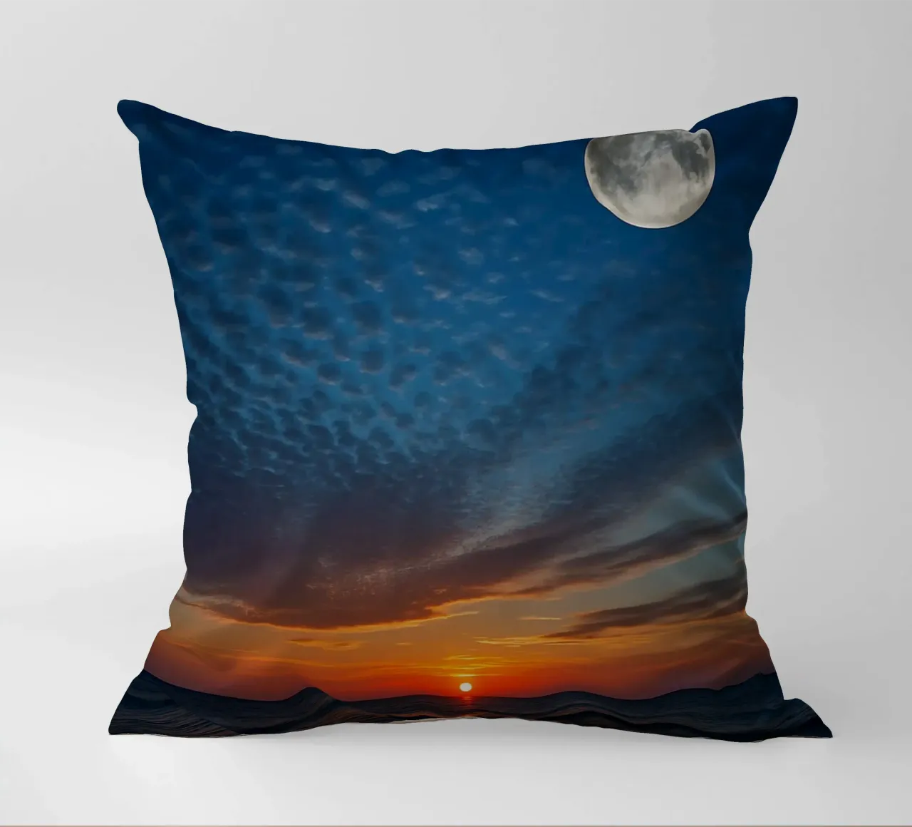 Sunset with a full moon at the beach decorative cushion by RealLifeMoments