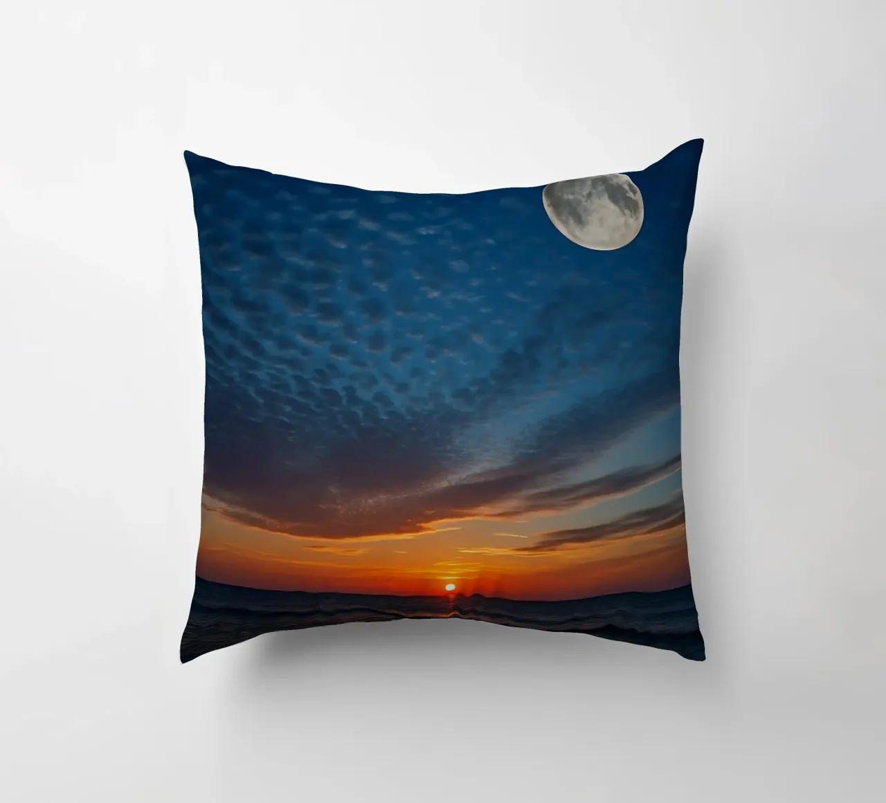 Sunset with a full moon at the beach decorative cushion by RealLifeMoments