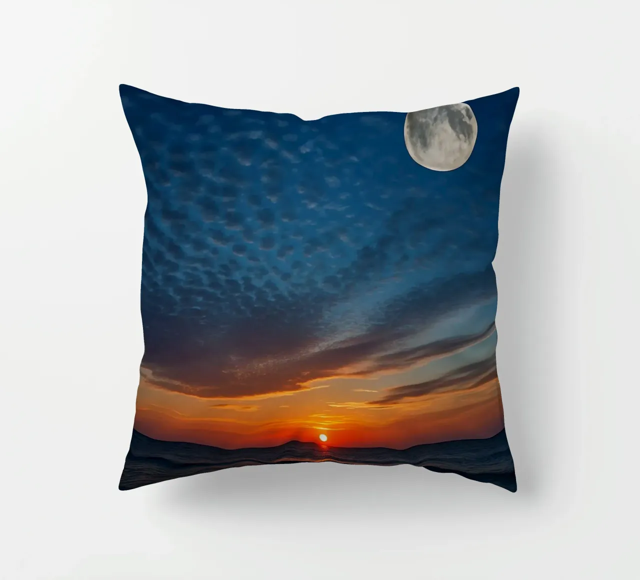 Sunset with a full moon at the beach decorative cushion by RealLifeMoments