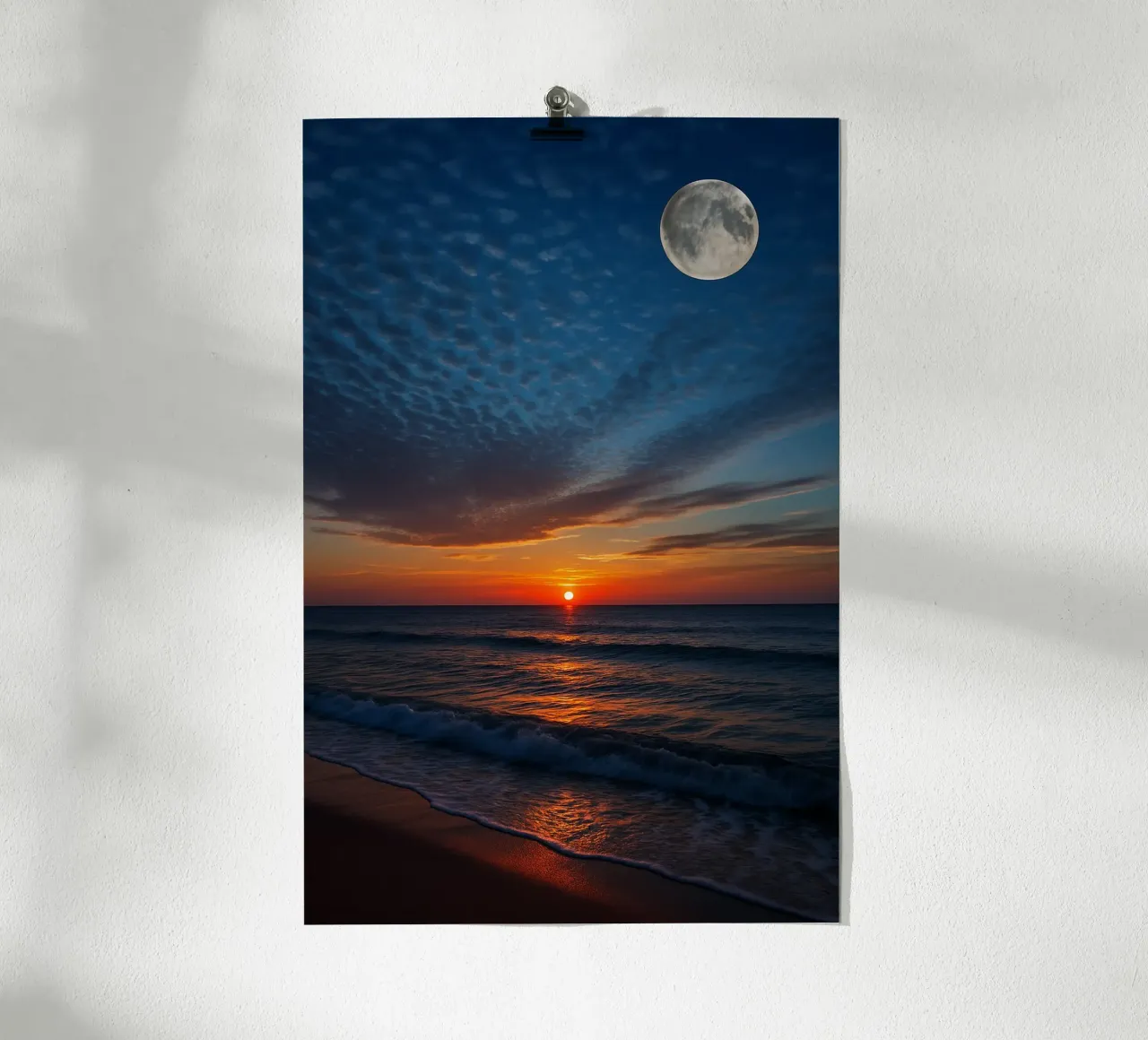 Tramonto con luna piena in spiaggia poster da RealLifeMoments
