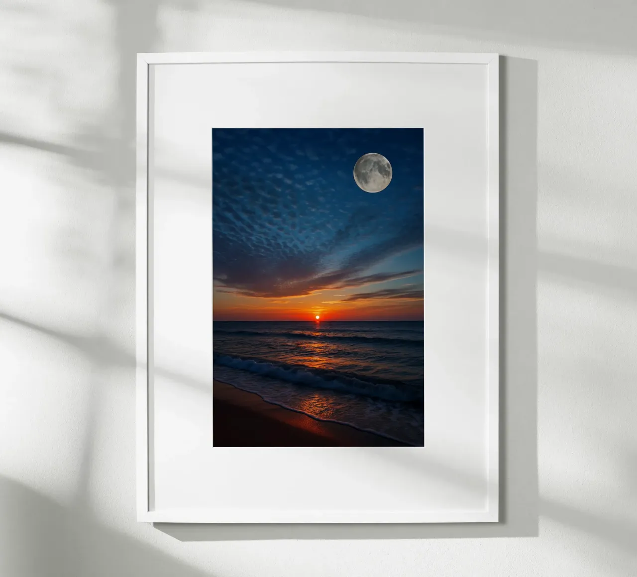 Tramonto con luna piena in spiaggia poster da RealLifeMoments
