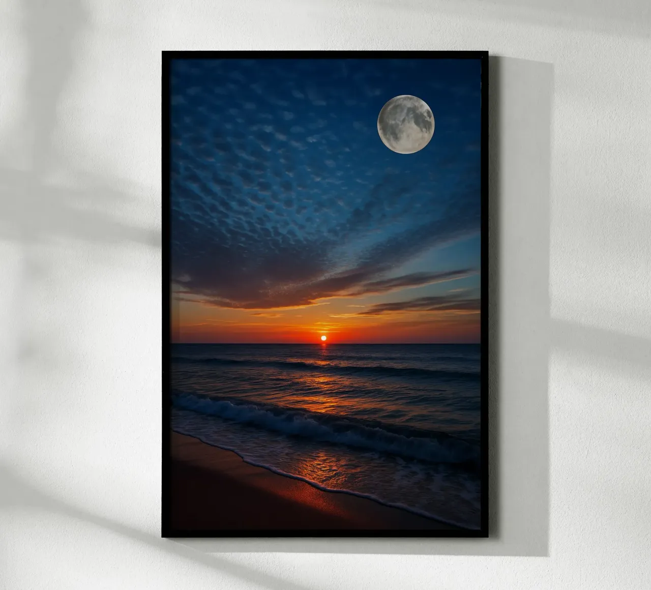 Tramonto con luna piena in spiaggia poster da RealLifeMoments