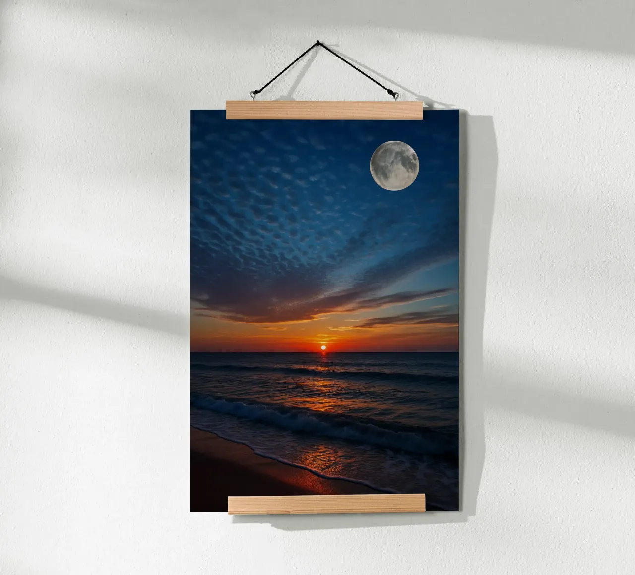 Tramonto con luna piena in spiaggia poster da RealLifeMoments