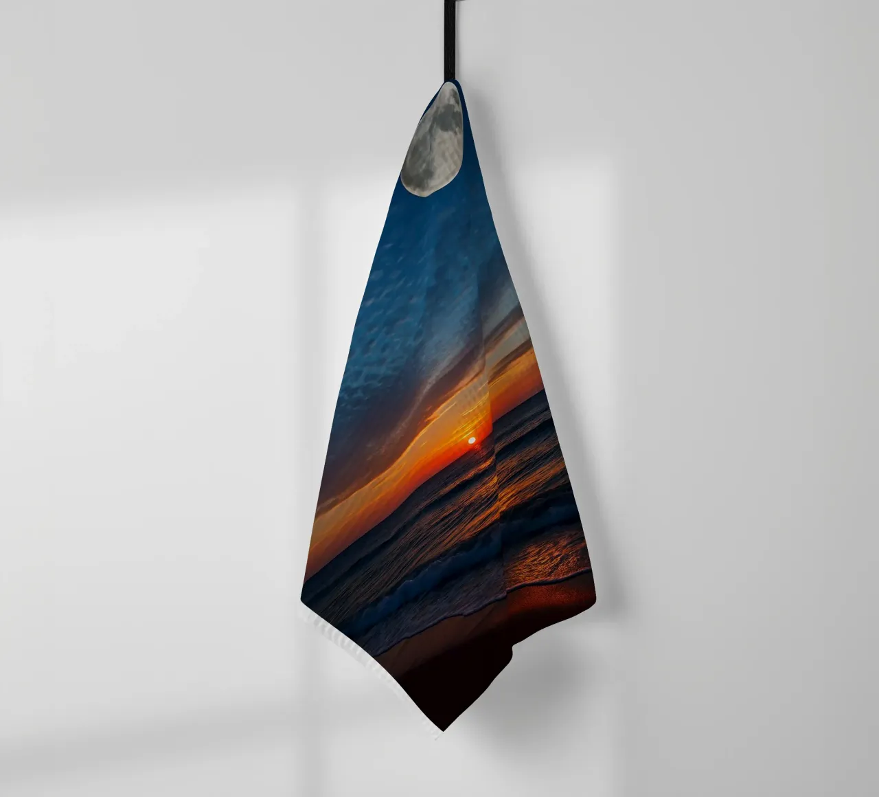 Sunset with a full moon at the beach tea towel by RealLifeMoments