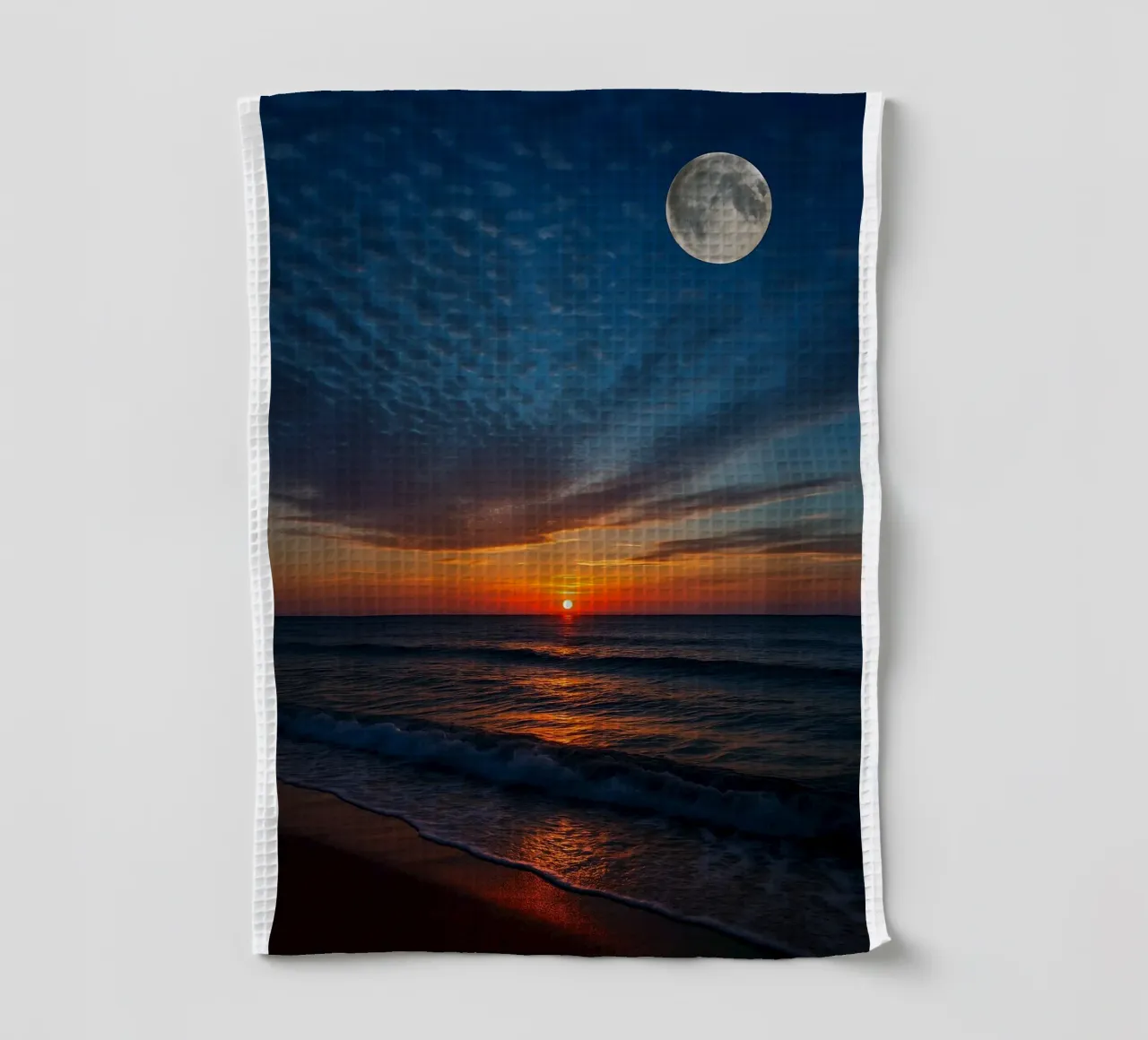 Sunset with a full moon at the beach tea towel by RealLifeMoments