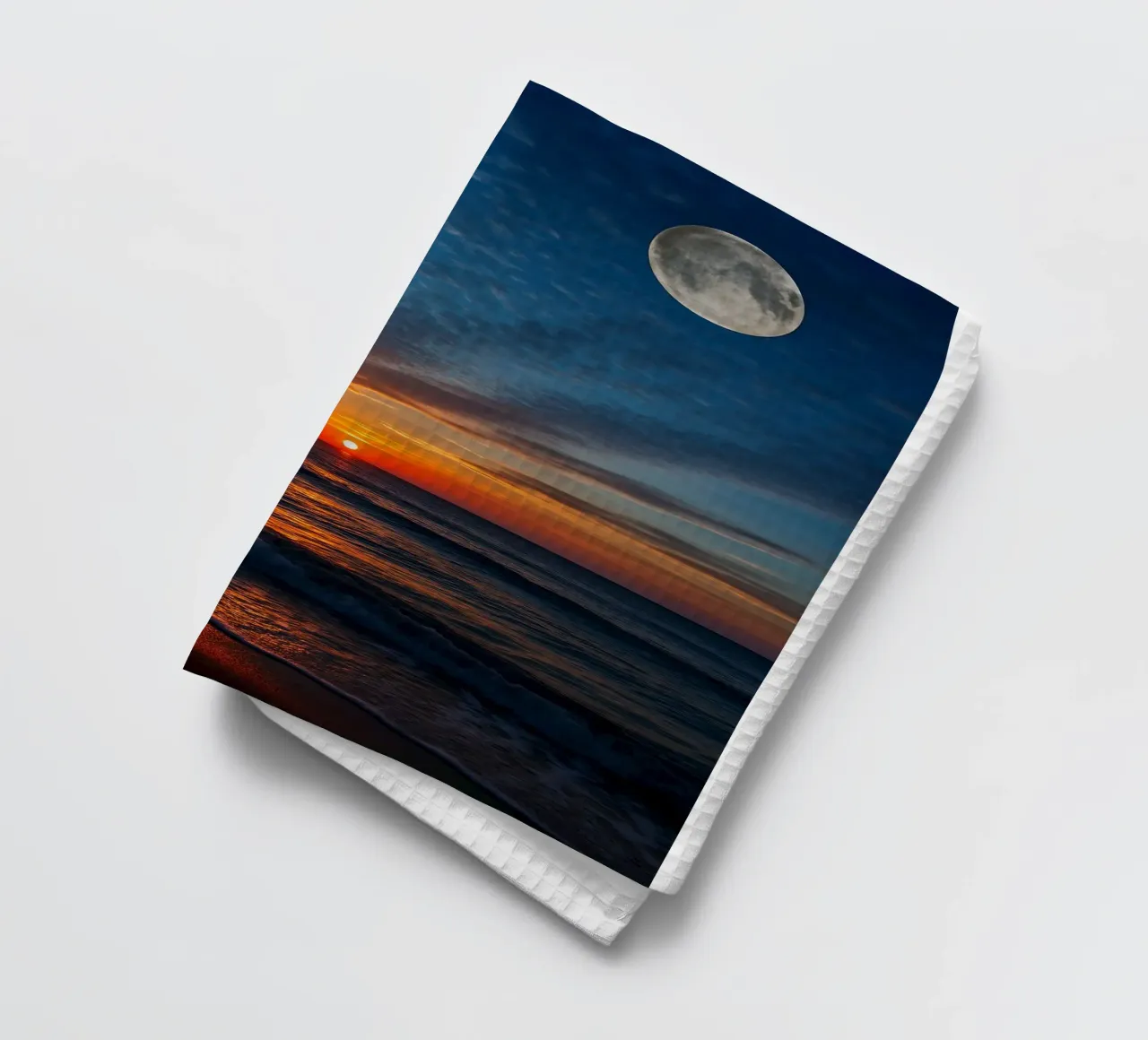Sunset with a full moon at the beach tea towel by RealLifeMoments
