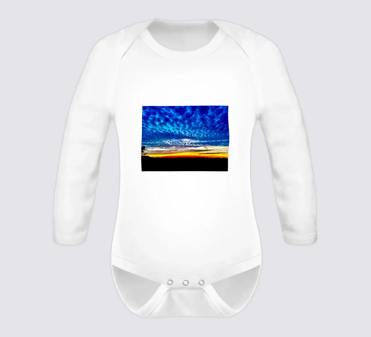 Sunset with dark blue clouds long-sleeve baby romper by RealLifeMoments