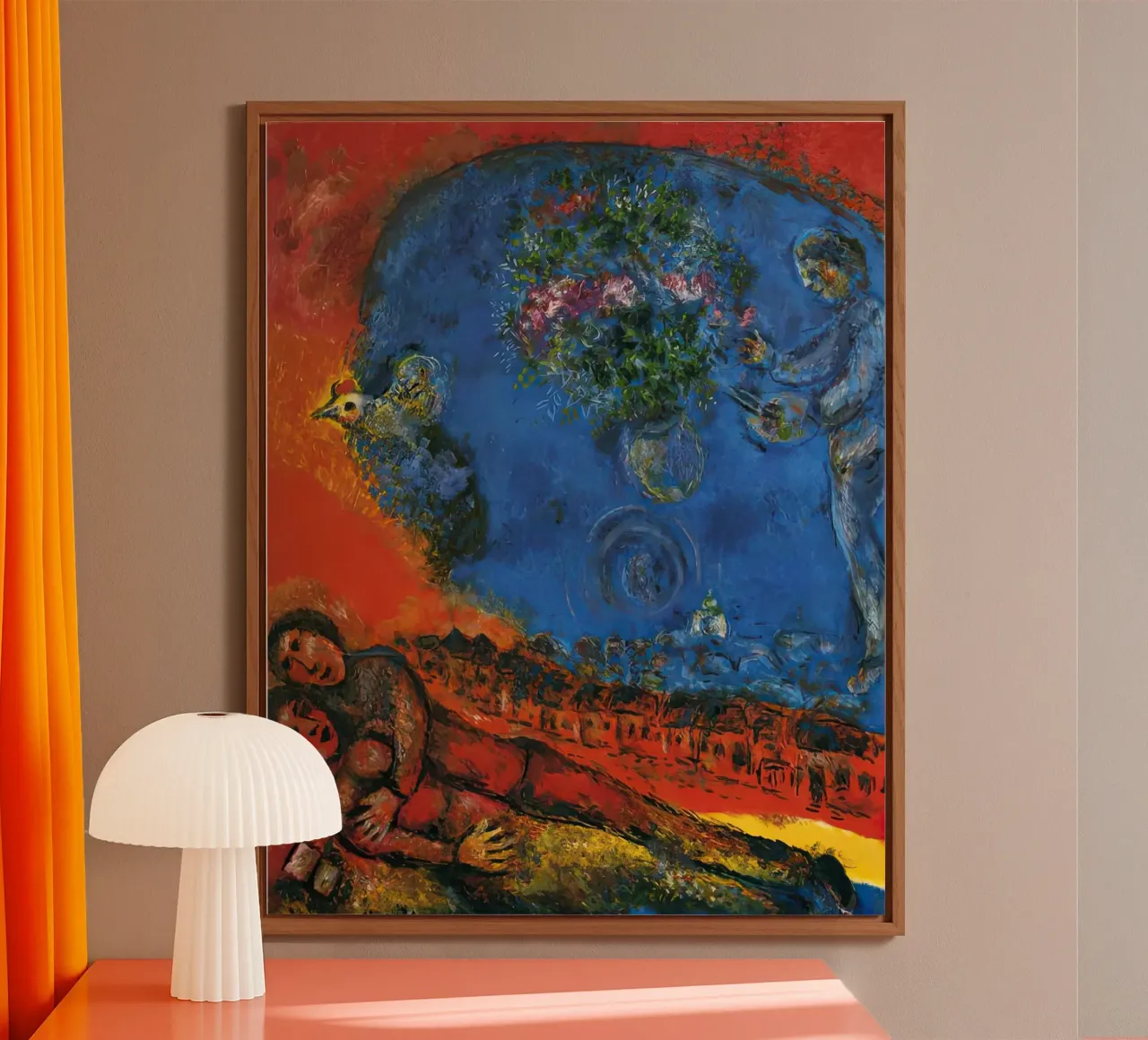 Marc Chagall Coppia su sfondo rosso alluminio dibond da MC Exhebition