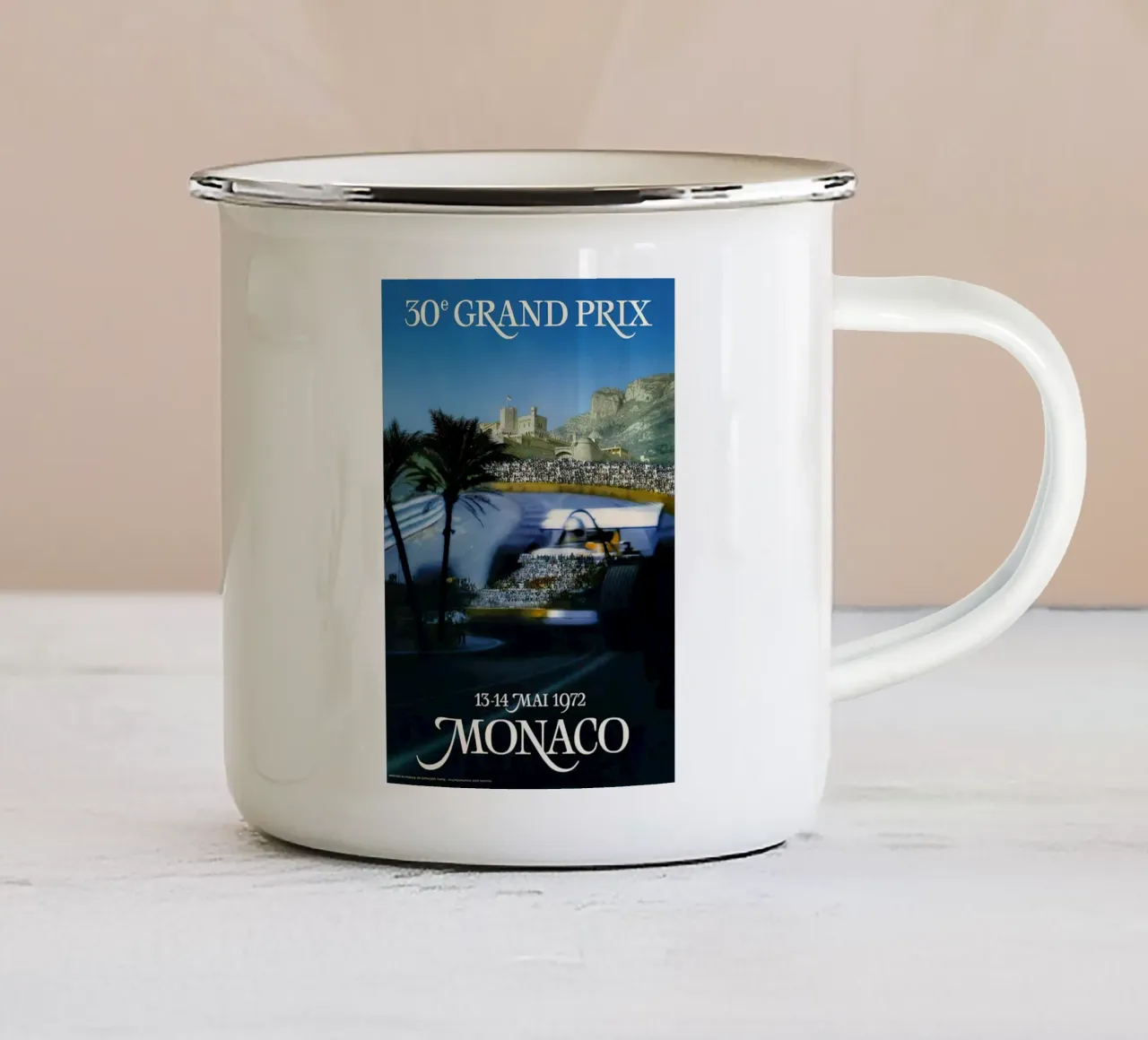Poster del Gran Premio di Monaco 1972 tazza in smalto da hite Shop