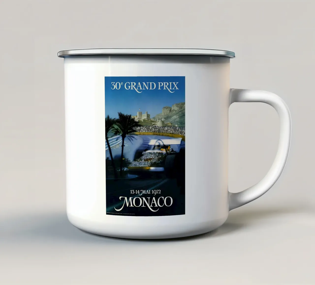 Poster del Gran Premio di Monaco 1972 tazza in smalto da hite Shop