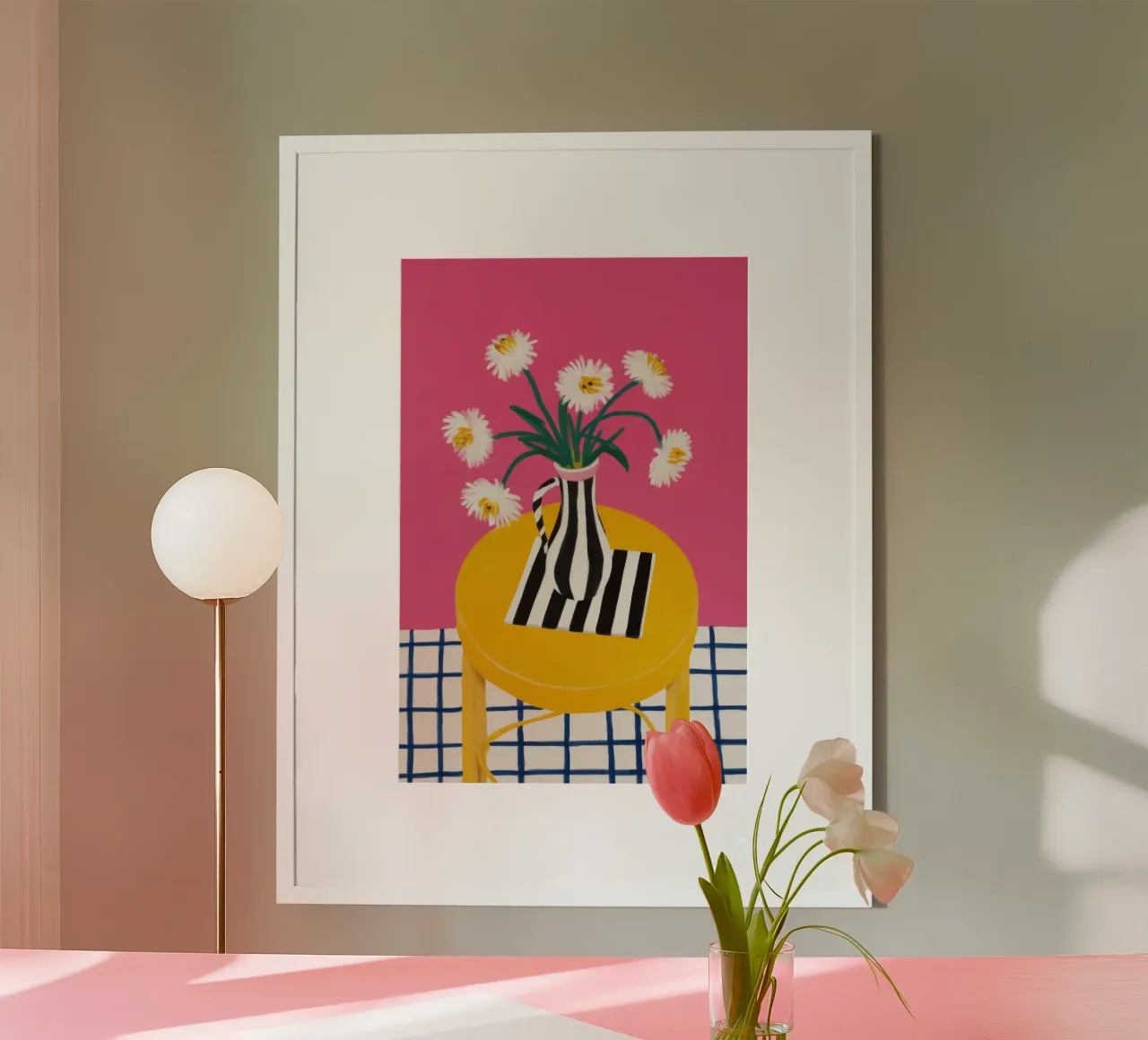 Scena della margherita a scacchi poster con telaio in legno da Terra Tone