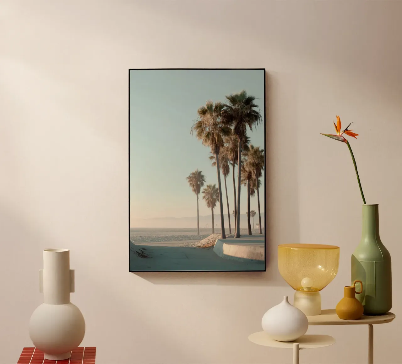 Golden Hour Palm Trees on a Coastal Beach acrylic glass by Indigo Tides Art
