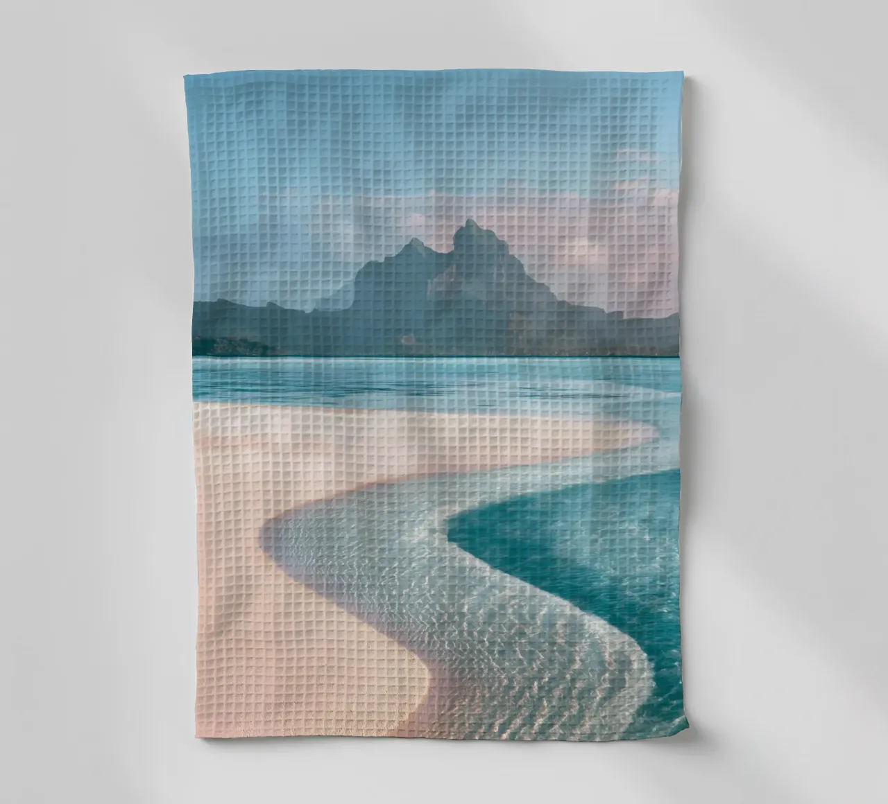 Sand Beach with Mountain Backdrop tea towel by Indigo Tides Art