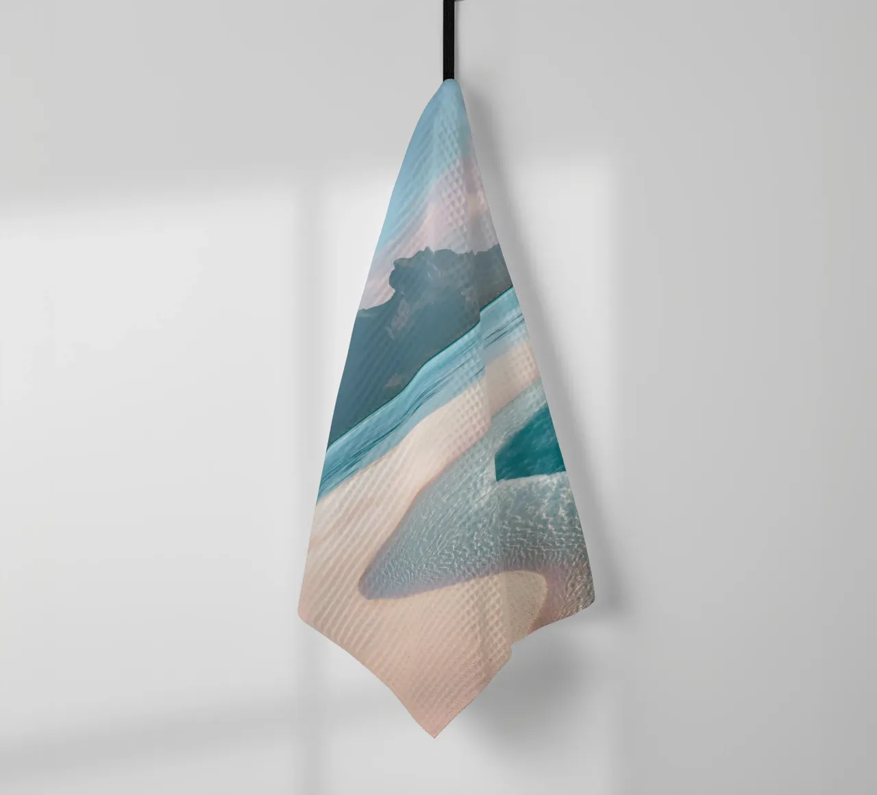 Sand Beach with Mountain Backdrop tea towel by Indigo Tides Art