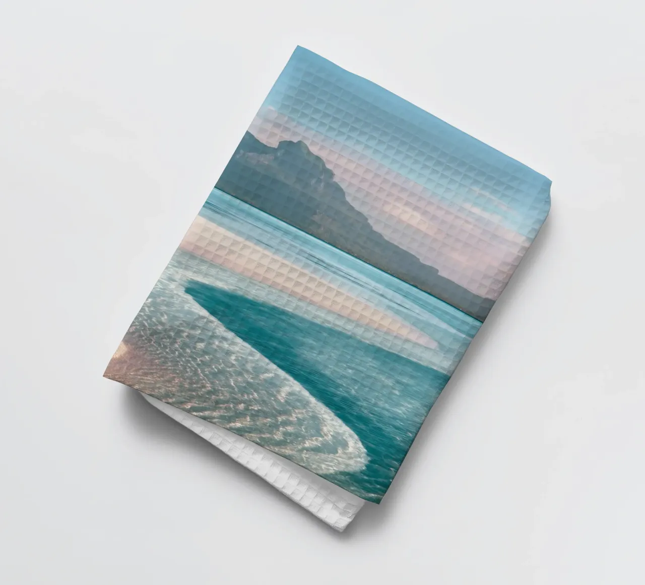 Sand Beach with Mountain Backdrop tea towel by Indigo Tides Art
