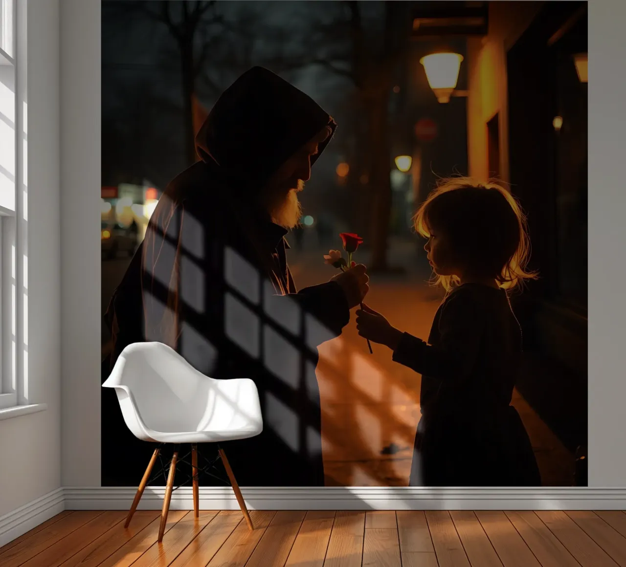 Elderly man and young girl sharing a moment with flowers photo wallpaper by DesignDoodle