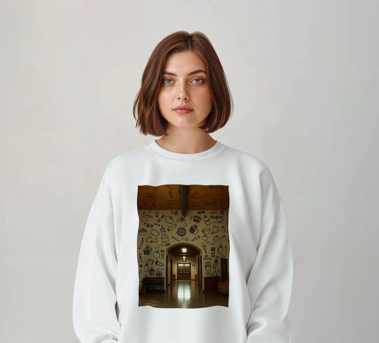 Mural con ilustraciones de comida y bebida en un hallwa sudadera de DesignDoodle
