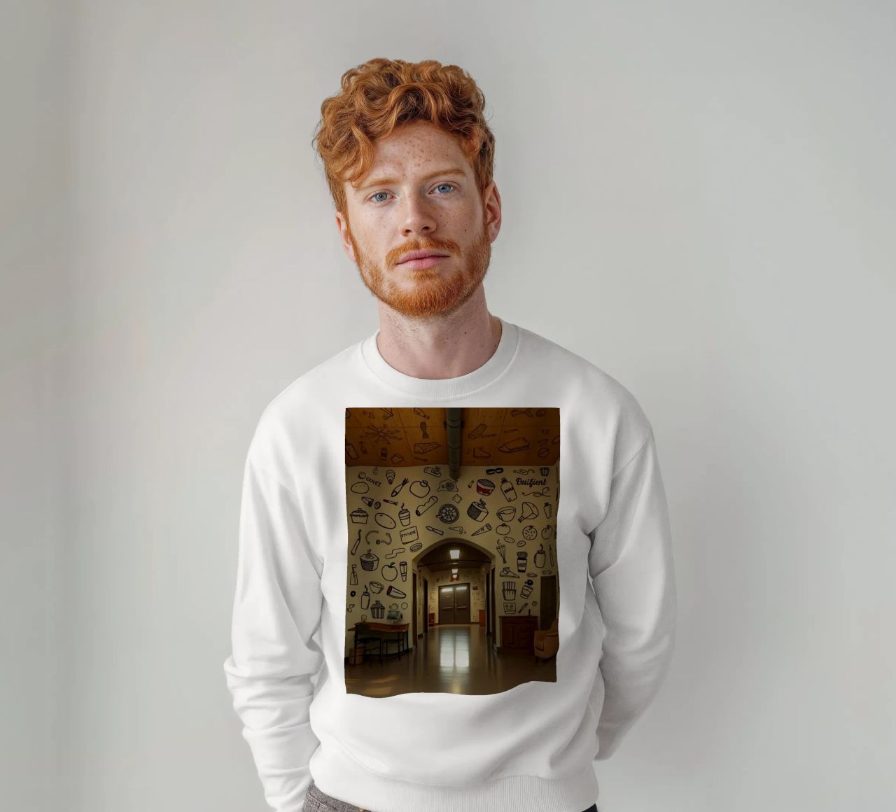 Mural con ilustraciones de comida y bebida en un hallwa sudadera de DesignDoodle