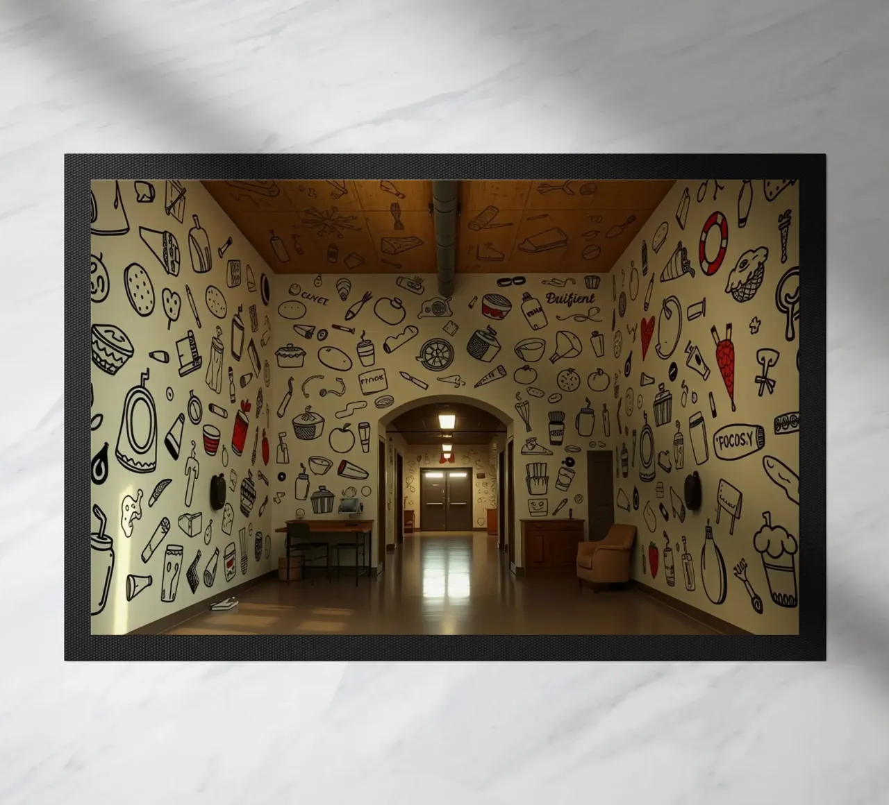 Murale con illustrazioni di cibi e bevande in una hallwa zerbino da DesignDoodle