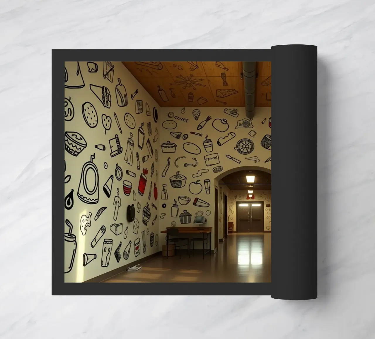 Murale con illustrazioni di cibi e bevande in una hallwa zerbino da DesignDoodle